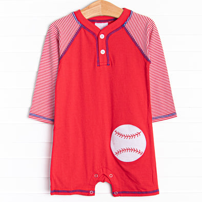 Extra Innings Applique Long Sleeve Romper, Red