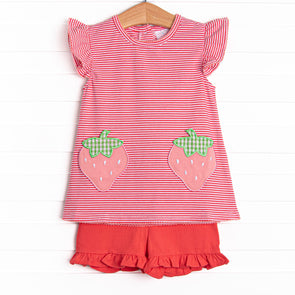 Pocketful of Berries Applique Ruffle Short Set, Red