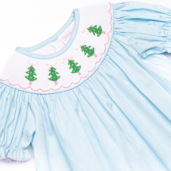 Snowfall Forest Smocked Bishop Dress, Blue
