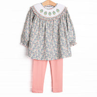 Gardenias and Gourds Smocked Legging Set, Green