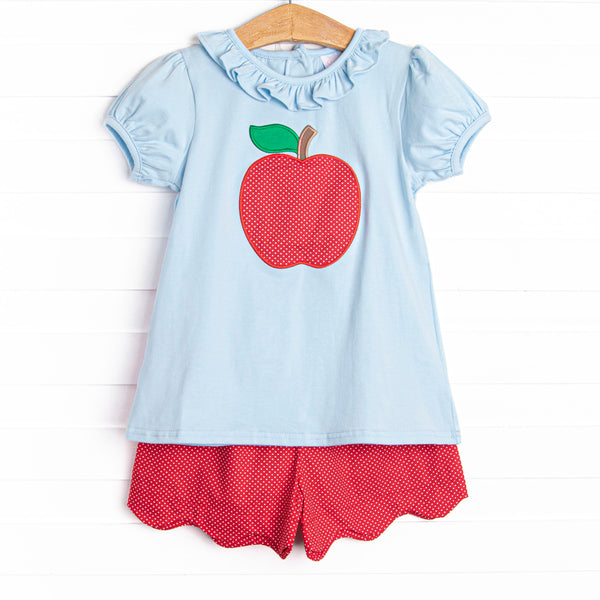 An Apple a Day Applique Ruffle Short Set, Blue and Red