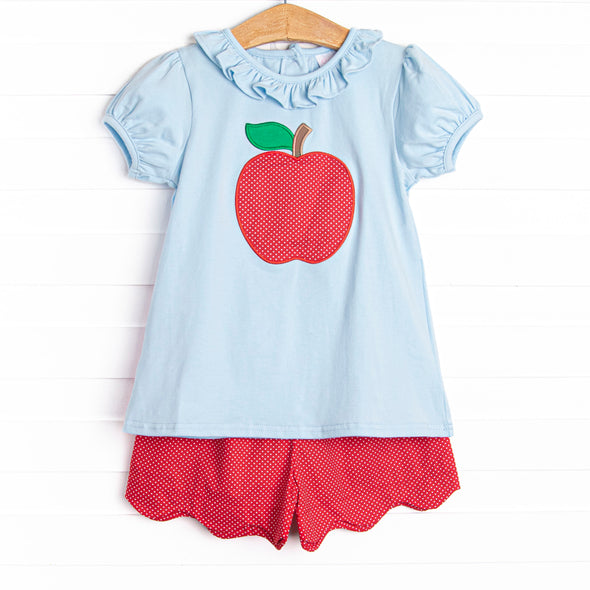 An Apple a Day Applique Ruffle Short Set, Blue and Red
