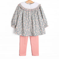 Gardenias and Gourds Smocked Legging Set, Green