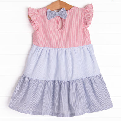 Mid-Summer Seersucker Color Block Dress, Blue