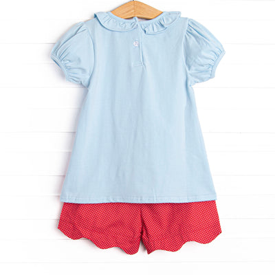 An Apple a Day Applique Ruffle Short Set, Blue and Red