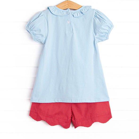 An Apple a Day Applique Ruffle Short Set, Blue and Red