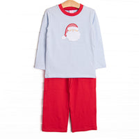 This set features a blue striped print, red trim, and a Santa applique. Coordinating red pants to match.