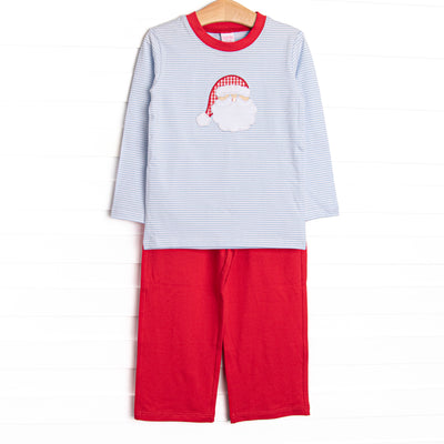 This set features a blue striped print, red trim, and a Santa applique. Coordinating red pants to match.