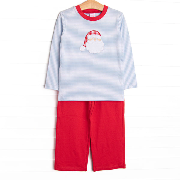 This set features a blue striped print, red trim, and a Santa applique. Coordinating red pants to match.