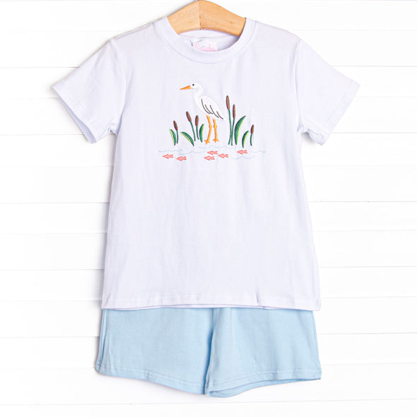 Cattails and Cranes Embroidered Short Set, Blue