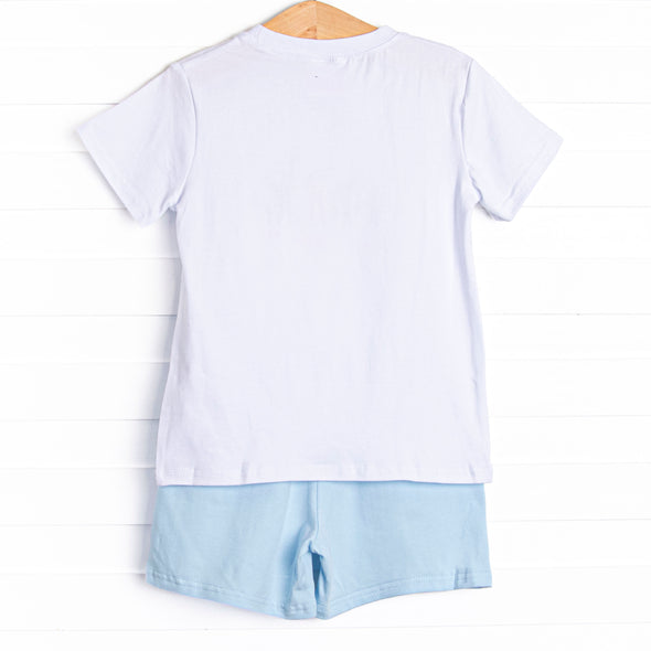 Cattails and Cranes Embroidered Short Set, Blue