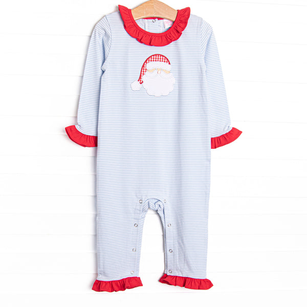  This romper features a blue striped print, red ruffle trim, and a Santa applique. 
