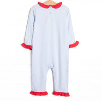 Checking It Twice Applique Ruffle Romper, Blue