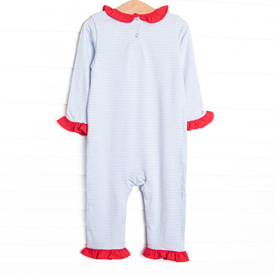 Checking It Twice Applique Ruffle Romper, Blue