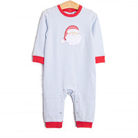  This romper features a blue striped print, red trim, and a Santa applique. 