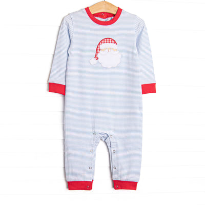  This romper features a blue striped print, red trim, and a Santa applique. 