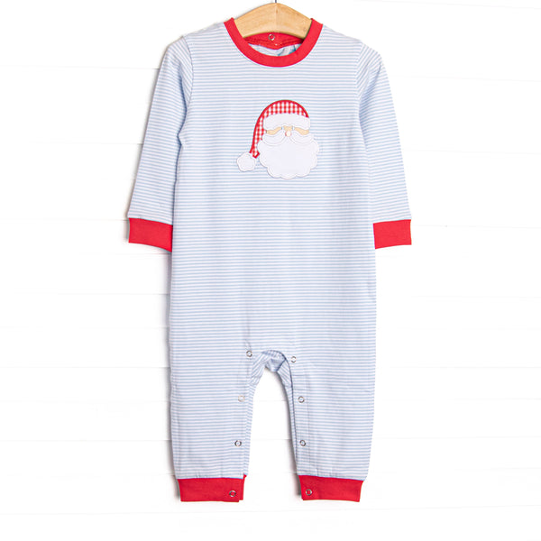  This romper features a blue striped print, red trim, and a Santa applique. 