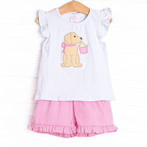 Pups and Pails Applique Ruffle Short Set, Pink