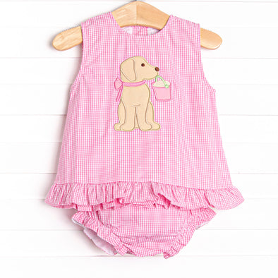 Pups and Pails Applique Ruffle Diaper Set, Pink