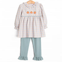 Fall French Knot Embroidered Ruffle Legging Set, Green
