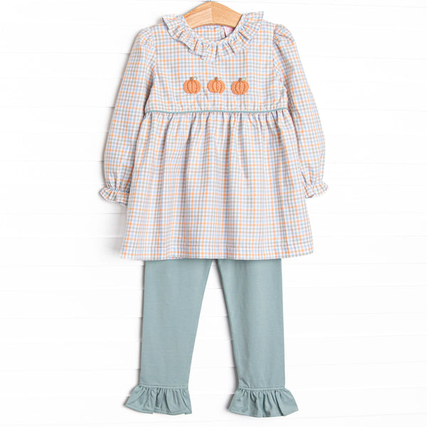 Fall French Knot Embroidered Ruffle Legging Set, Green