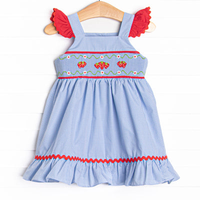 Bitty Dot Berries Smocked Dress, Blue Gingham