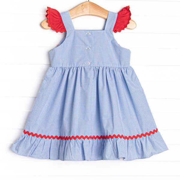 Bitty Dot Berries Smocked Dress, Blue Gingham