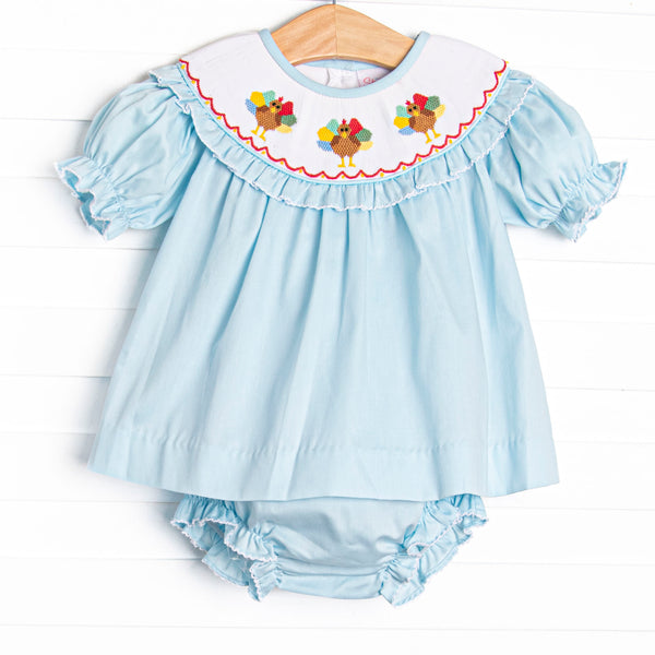 Autumn Gobbles Smocked Diaper Set, Blue Pique