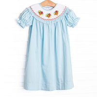 Autumn Gobbles Smocked Bishop Dress, Blue Pique