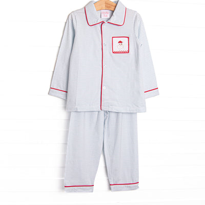 Our Smocked Santa Lounge Set includes soft blue stripes, red piping, and a smocked Santa Claus.&nbsp;