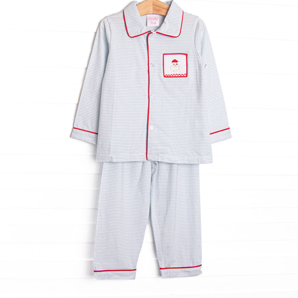 Our Smocked Santa Lounge Set includes soft blue stripes, red piping, and a smocked Santa Claus.&nbsp;