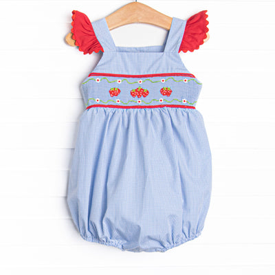 Bitty Dot Berries Smocked Bubble, Blue Gingham