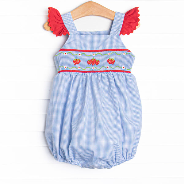 Bitty Dot Berries Smocked Bubble, Blue Gingham