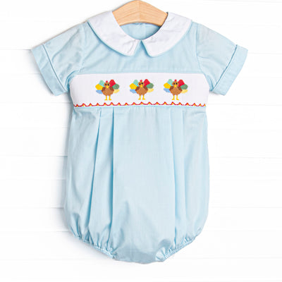 Autumn Gobbles Smocked Bubble, Blue Pique