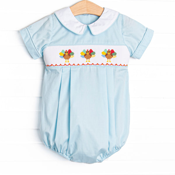 Autumn Gobbles Smocked Bubble, Blue Pique