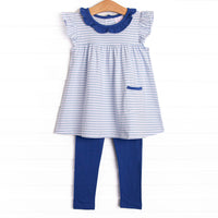The set features soft knit material, sweet light blue stripes, and coordinating royal blue leggings to match.