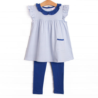 The set features soft knit material, sweet light blue stripes, and coordinating royal blue leggings to match.