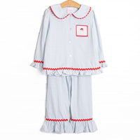 Our Smocked Santa Ruffle Lounge Set&nbsp;includes soft blue stripes, red ric rac trim, and a smocked&nbsp;Santa Claus.&nbsp;