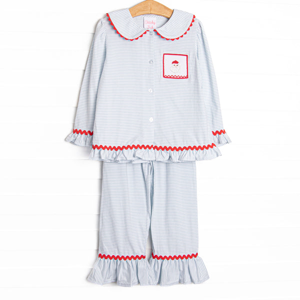 Our Smocked Santa Ruffle Lounge Set&nbsp;includes soft blue stripes, red ric rac trim, and a smocked&nbsp;Santa Claus.&nbsp;