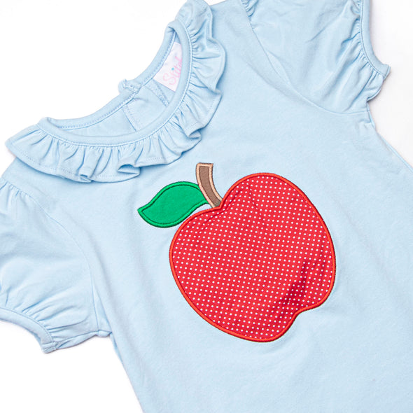 An Apple a Day Applique Ruffle Short Set, Blue and Red