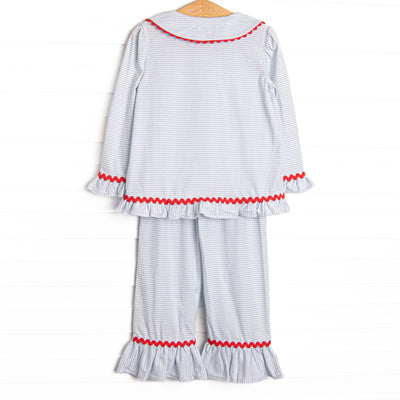 Smocked Santa Ruffle Lounge Set, Blue Stripe