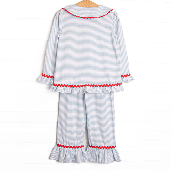Smocked Santa Ruffle Lounge Set, Blue Stripe