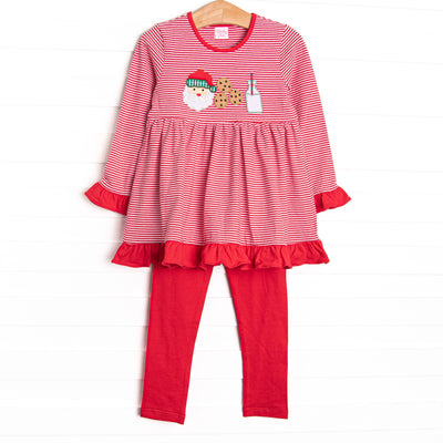 Our Santa's Treat Trio set includes red stripes, red leggings, and the cutest Christmas applique.