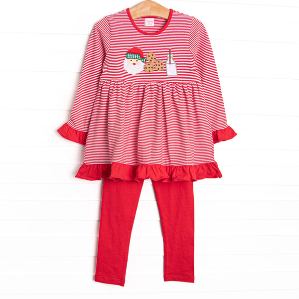 Our Santa's Treat Trio set includes red stripes, red leggings, and the cutest Christmas applique.
