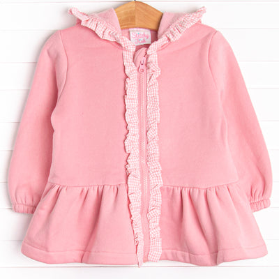 This jacket features the softest pink fleece material, a cozy hoodie, and&nbsp;pink&nbsp;gingham ruffle trim.