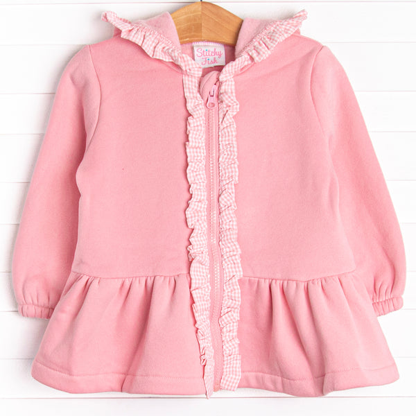 This jacket features the softest pink fleece material, a cozy hoodie, and&nbsp;pink&nbsp;gingham ruffle trim.