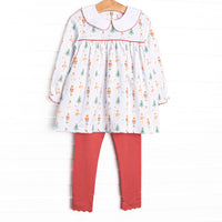  Our Sugar Plum Fairy set features peter pan collar, red picot, and the cutest Nutcracker print. Coordinating red leggings to match. 