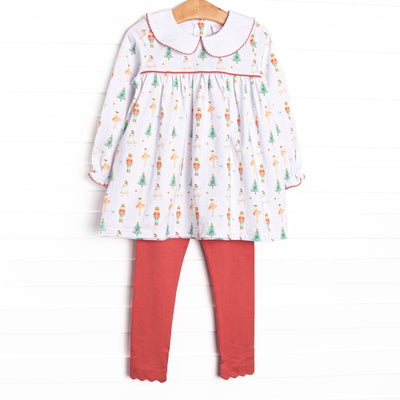  Our Sugar Plum Fairy set features peter pan collar, red picot, and the cutest Nutcracker print. Coordinating red leggings to match. 