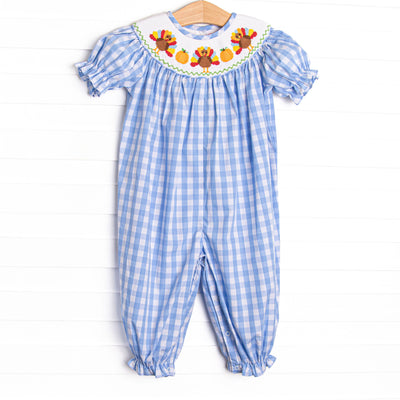 Wild Turkey Smocked Long Romper, Blue