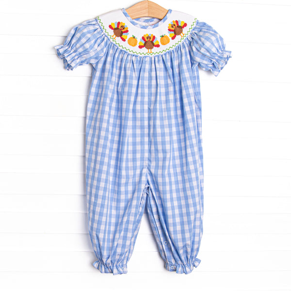 Wild Turkey Smocked Long Romper, Blue